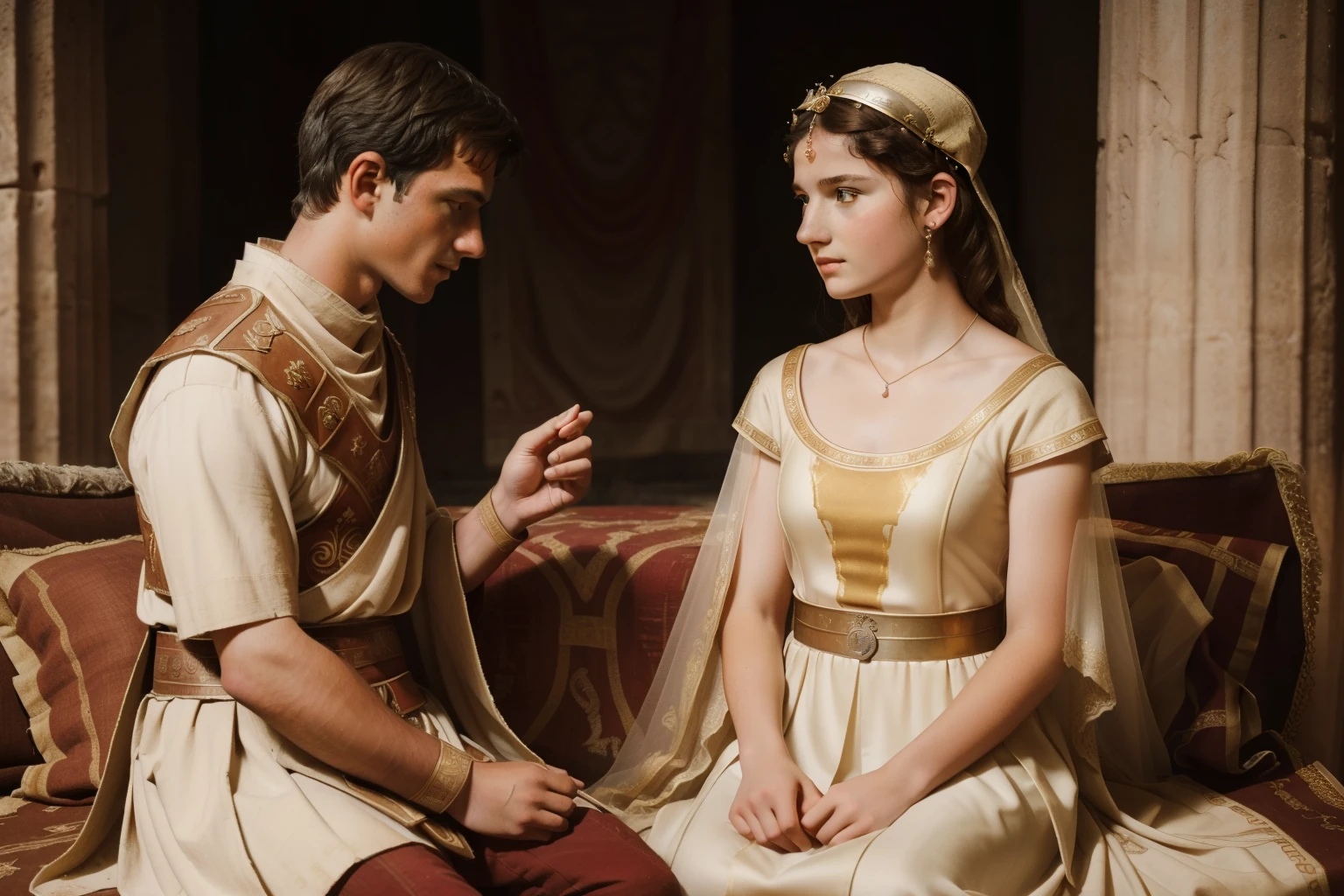 Rome, 77 BC. A young ((((-yeld)) ius Caesar)), getting married to ((13-year-o Coia)),dding in ancient rome, romantic, love. ((((roman clothings from the 1st century BC))))