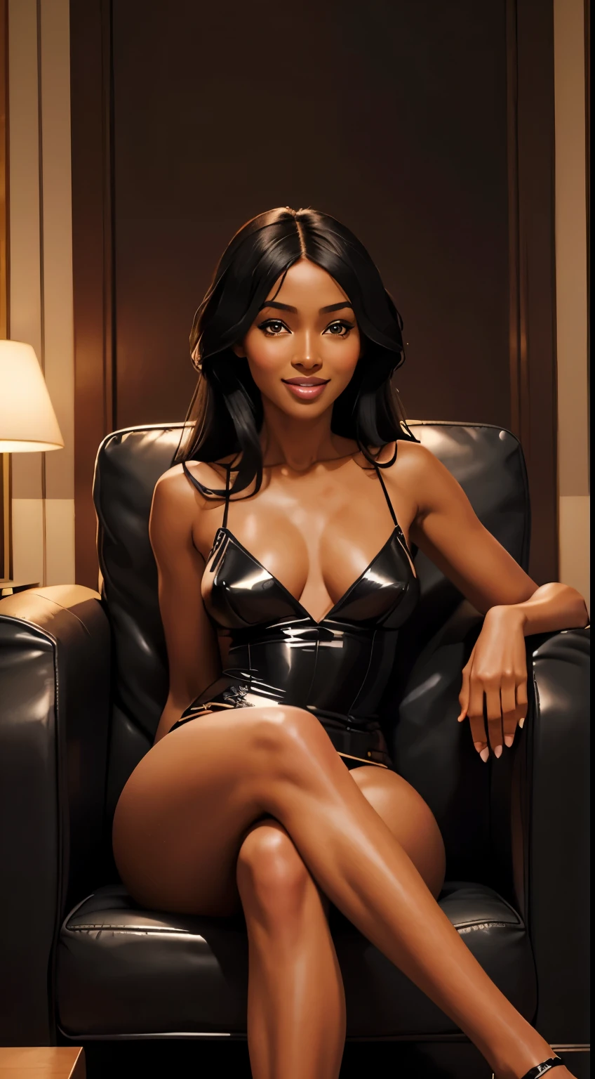 Foto hiperrealista en primer plano de Naomi Campbell wear black mini dress, siting on the armchair, beautiful legs, sexy pose, hotel hall, cinematic light, beautiful woman, skinny, medium breasts, black long hair, detailed face, smile, facing the camera, photo taken from a distance, of 14