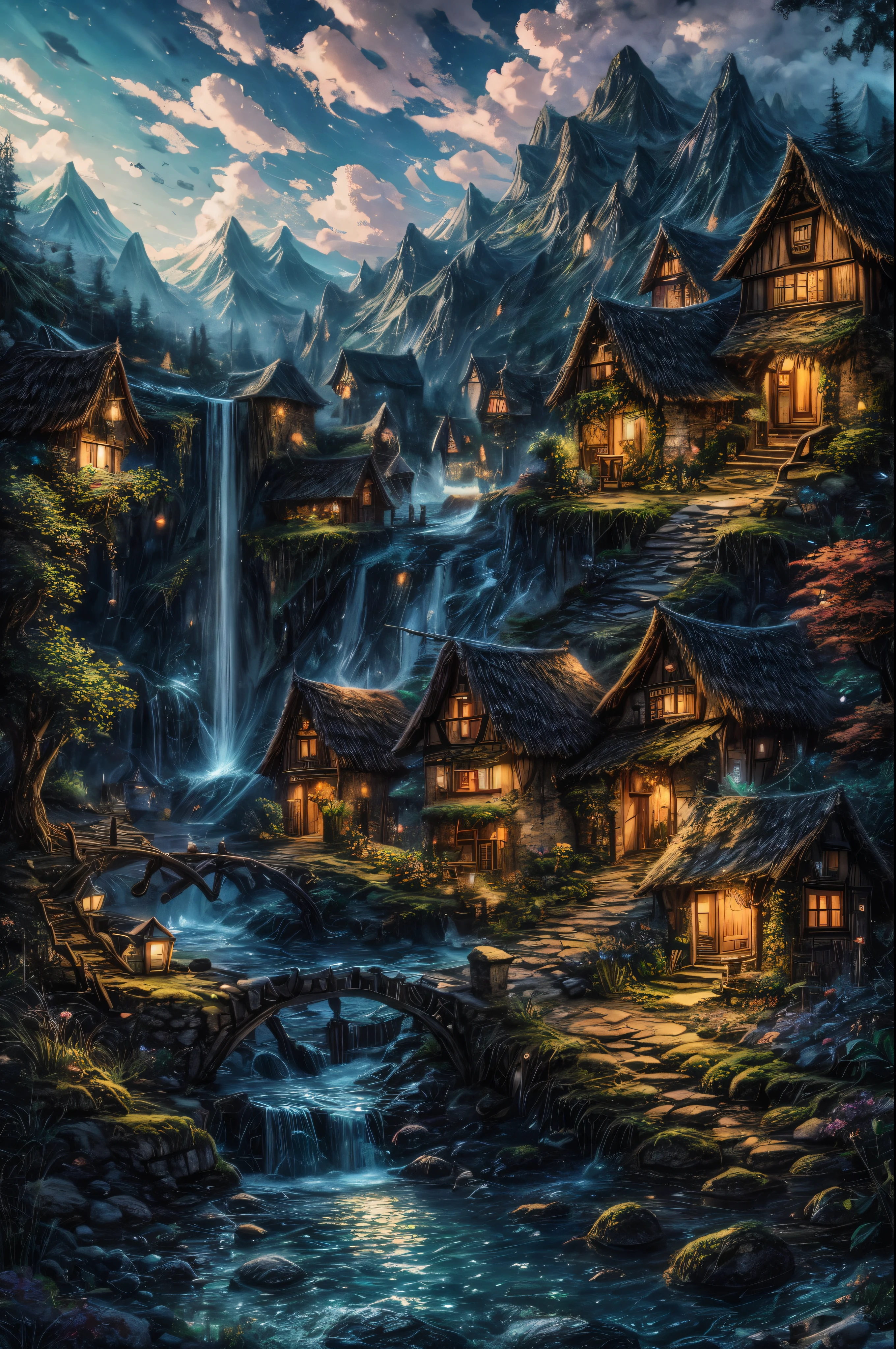 16k,enchanting fairy village, waterfall, small houses, Fantasy Place
