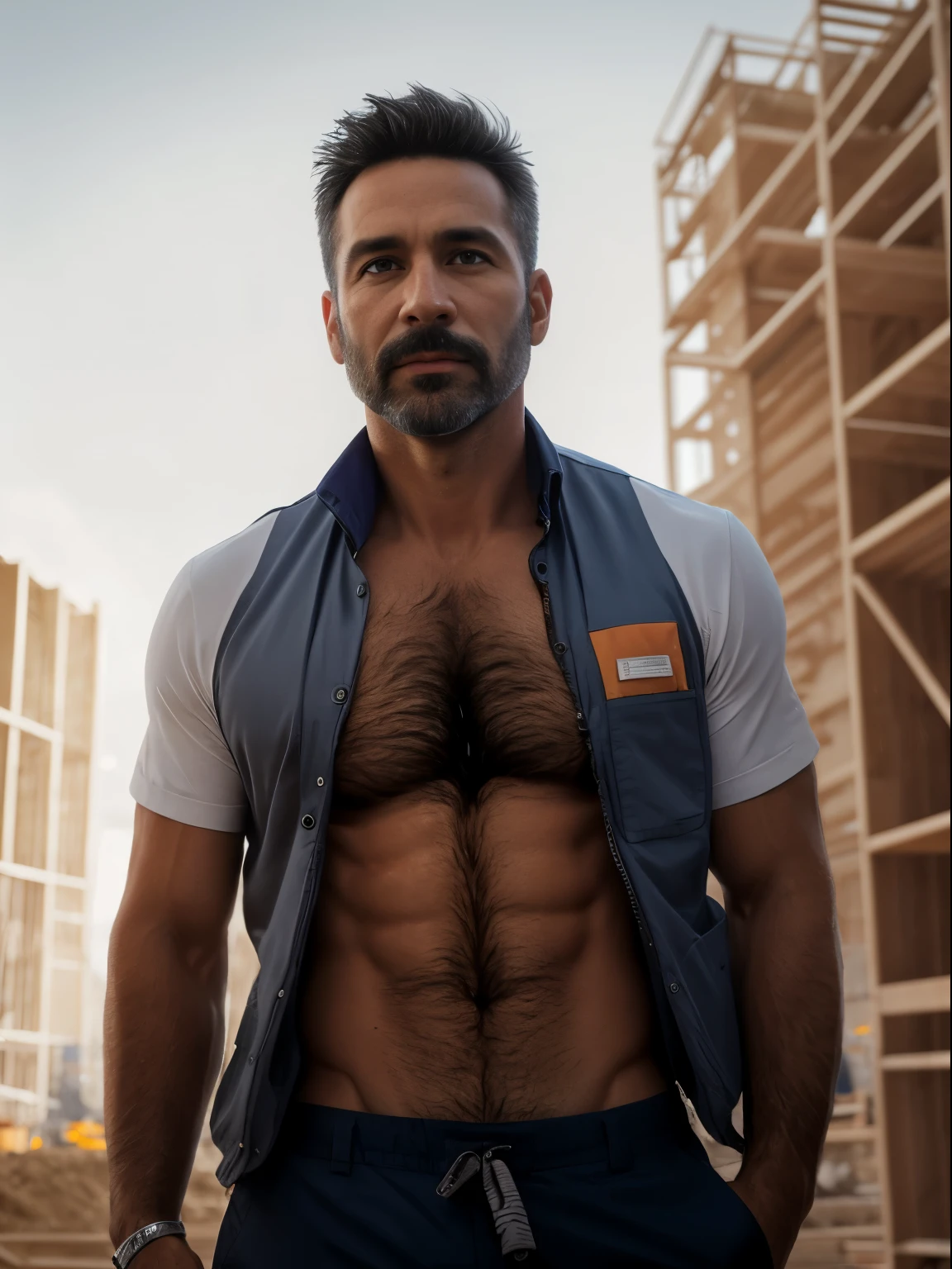 masterpiece, best quality, high resolution, closeup portrait, male focus, solo focus, A man, 45 years old, with construction worker uniform, unbuttoned work clothes, construction worker, silver grey hair, messy hairstyle, cute and seductive face, bare chest, body hair, facial hair, roman nose, very skinny body, hairy legs, dimples, beard, bold jawline , in the background a construction site, orange safety vest, gay , erotic, view from below, amazing composition, front view, HDR, ultra quality, elegant, highly detailed