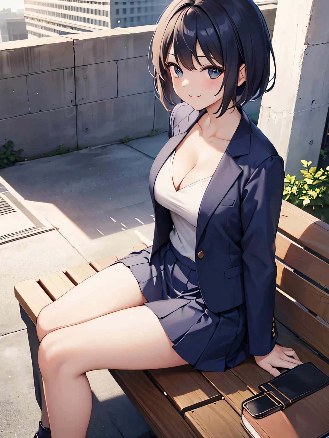 (1) A woman is sitting on a bench with a smile.
(2) women have short hair、She is wearing a white V-neck innerwear and a navy blue skirt suit.。.
(3) Cleavage in women is visible.
(4) The location is a bench on the roof of a building..
(5) Please look at her from the front and explain..