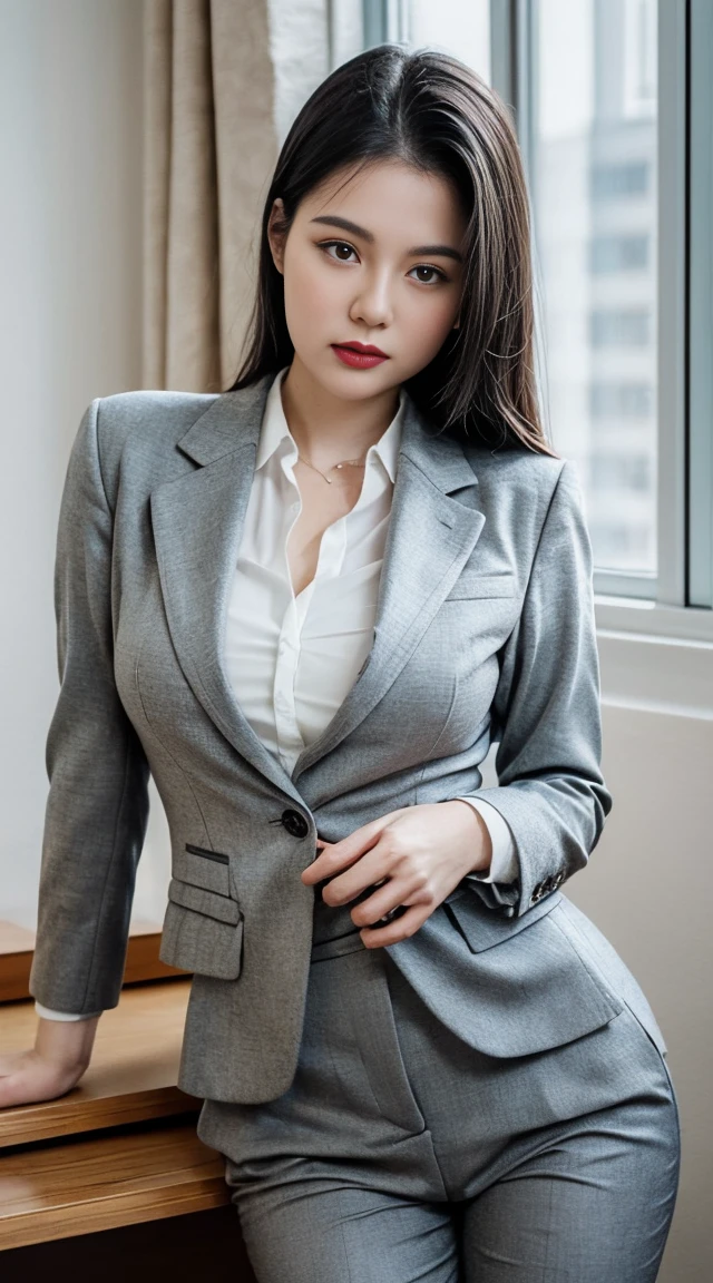 (Best quality, 8k, 32k, Masterpiece, UHD:1.2), 1girl, detailed skin, detailed eyes, narrow waist, grey suit, white shirt, office lady, suit, pants, from front, sitting on desk, office room, desk,  (stick out one's buttocks:1.2),