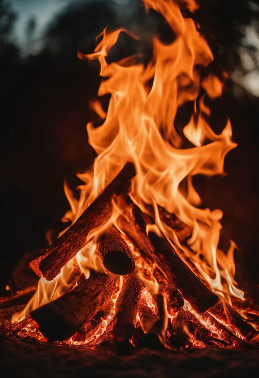 a close-up shot of the flames in a bonfire, emphasizing the vibrant colors, intricate patterns, and the mesmerizing dance of the fire