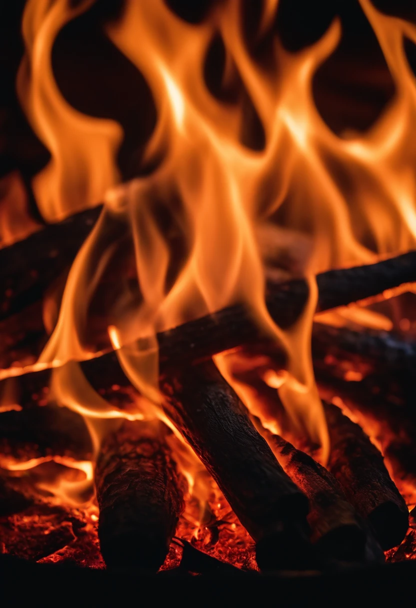 a close-up shot of the flames in a bonfire, emphasizing the vibrant colors, intricate patterns, and the mesmerizing dance of the fire