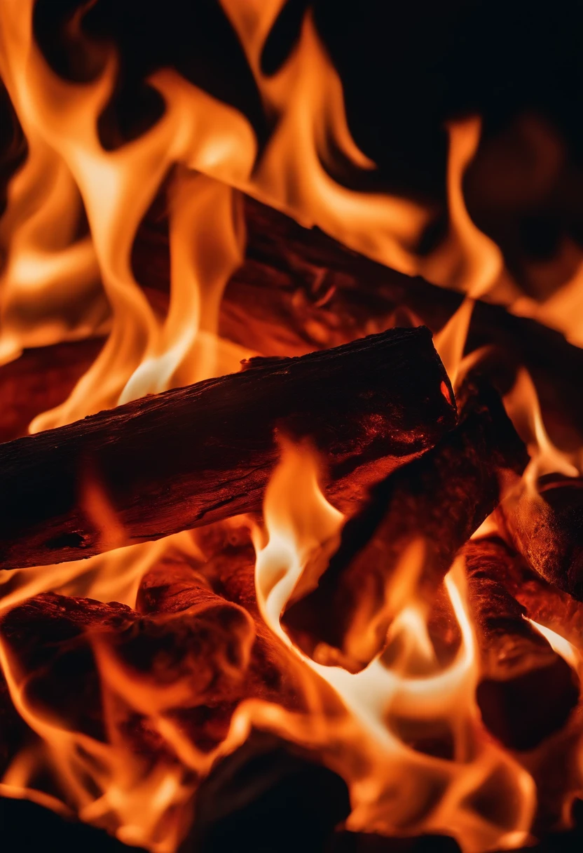a close-up shot of the flames in a bonfire, emphasizing the vibrant colors, intricate patterns, and the mesmerizing dance of the fire