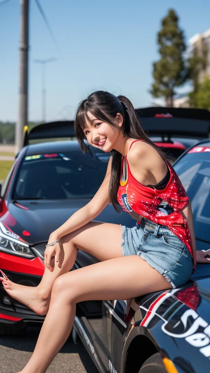 Highly detailed CG Unity 8K wallpaper, highest quality, Super detailed, masterpiece, realistic, photo realistic, Highly detailed cute girl, 25 years old, (whole bodyからつま先まで:1.4)、(whole body)、(whole body to toes)、(shot from the side)、(sitting on the hood of a car)、(lace queen)、
(Sponsored and wearing grid girl costume&#39;logo is printed.:1.3), (shorts) , (sitting in a motorsport race),   (cleavage), smile ,whole bodyショット ,(Side view)、(side shot)、(smile at the camera)、