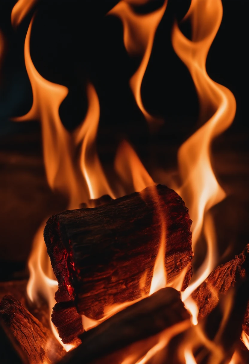 a close-up shot of the flames in a bonfire, emphasizing the vibrant colors, intricate patterns, and the mesmerizing dance of the fire