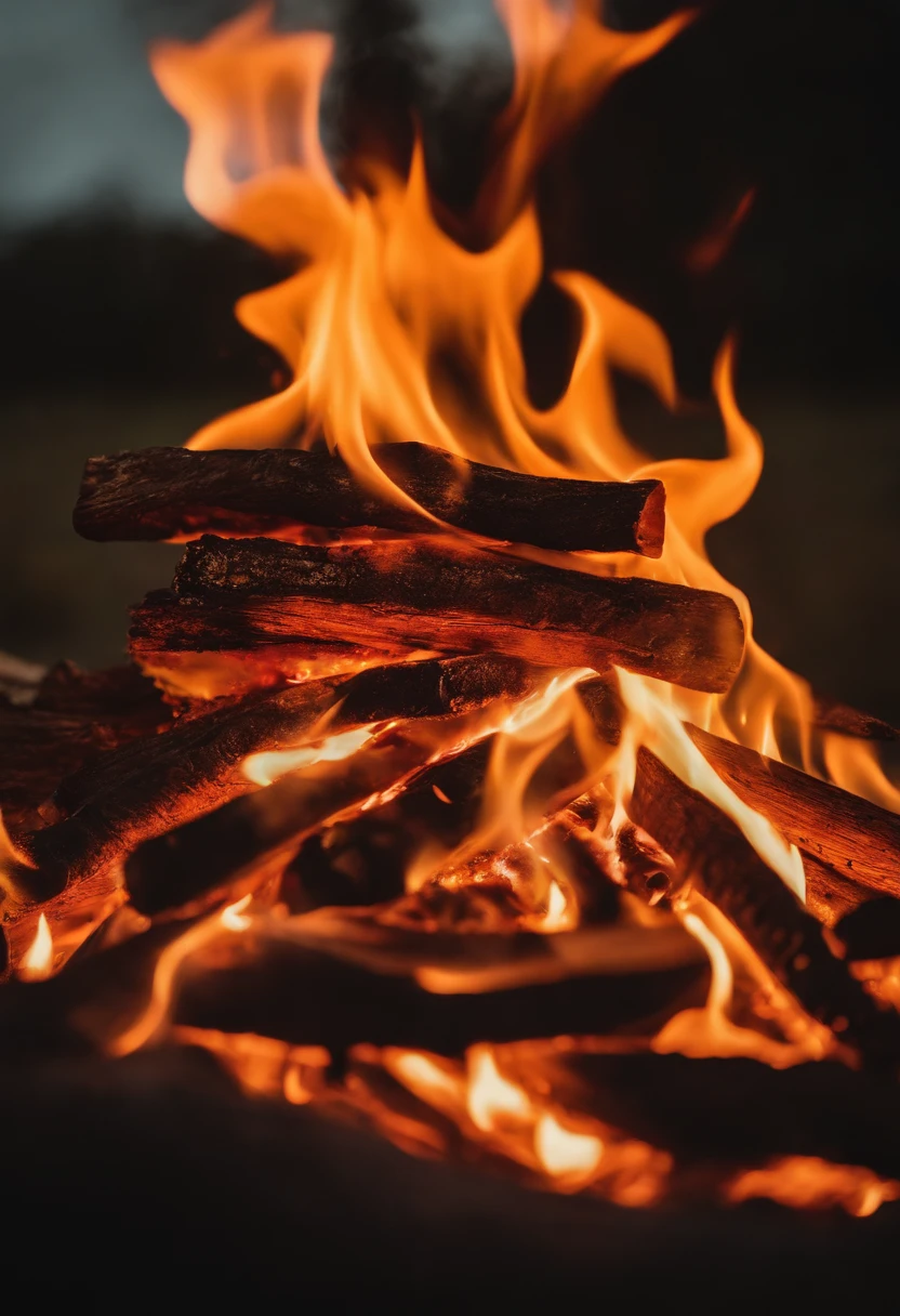 a close-up shot of the flames in a bonfire, emphasizing the vibrant colors, intricate patterns, and the mesmerizing dance of the fire