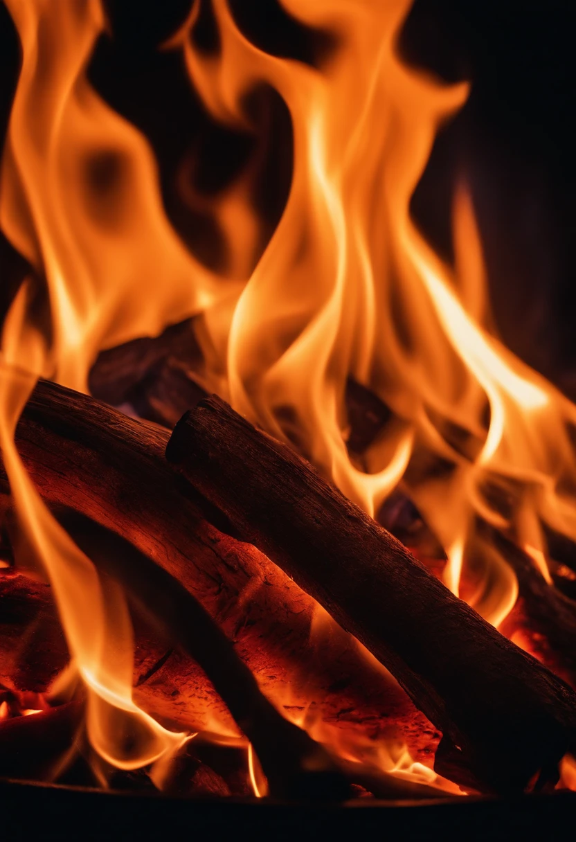 a close-up shot of the flames in a bonfire, emphasizing the vibrant colors, intricate patterns, and the mesmerizing dance of the fire