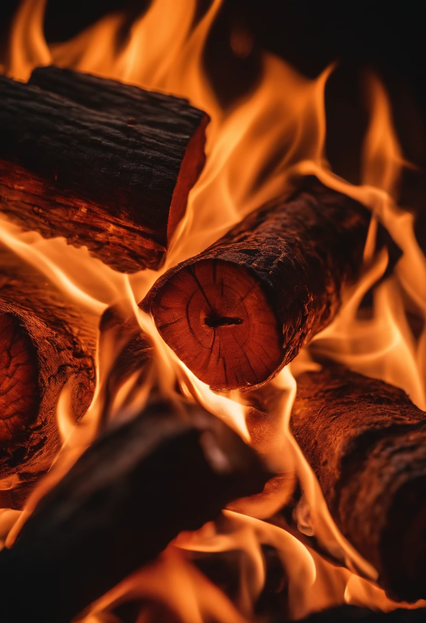 a close-up shot of the flames in a bonfire, emphasizing the vibrant colors, intricate patterns, and the mesmerizing dance of the fire
