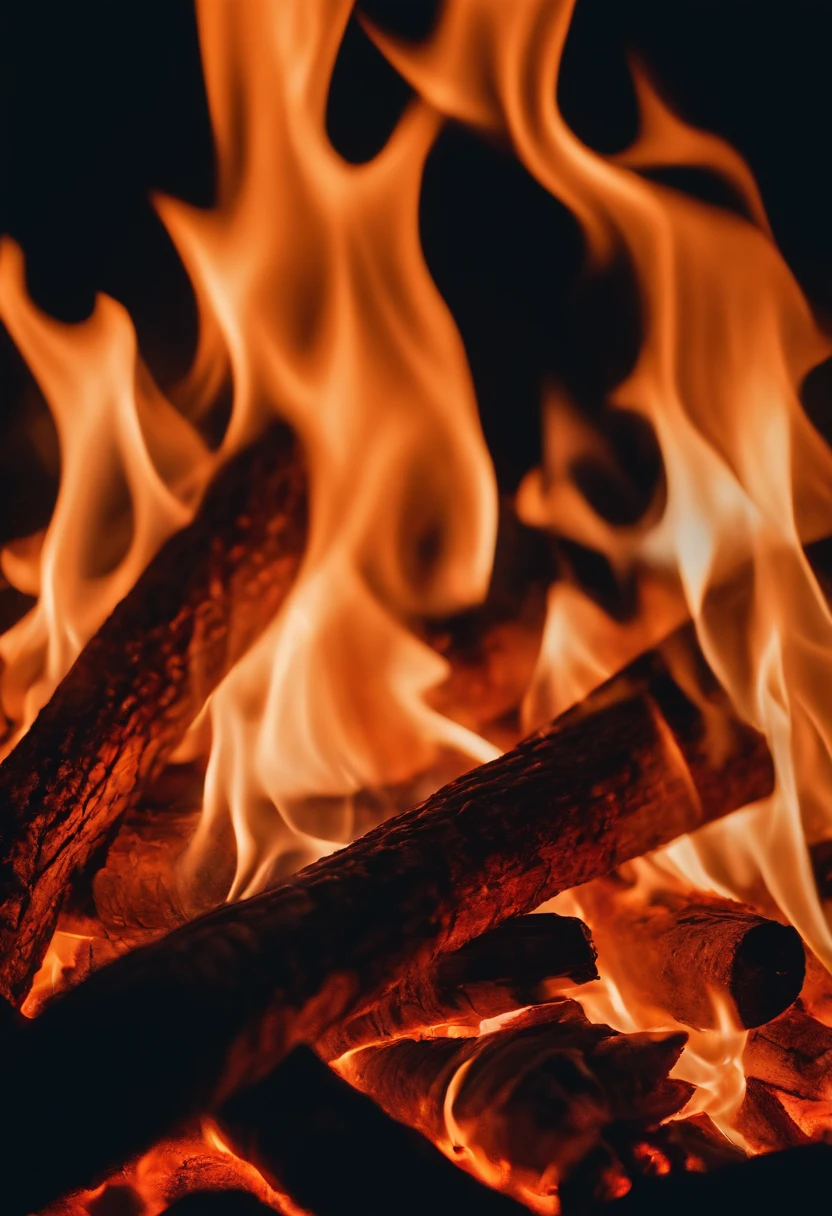 a close-up shot of the flames in a bonfire, emphasizing the vibrant colors, intricate patterns, and the mesmerizing dance of the fire