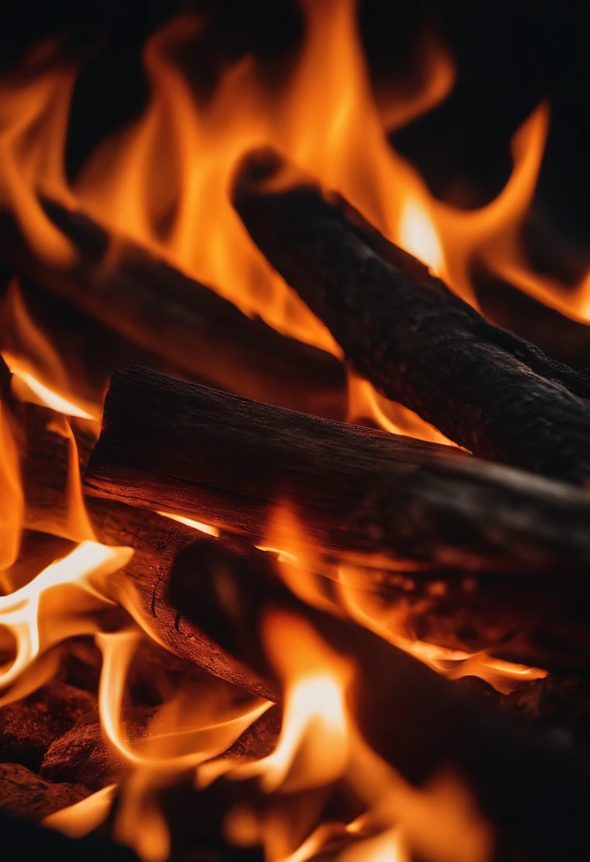 a close-up shot of the flames in a bonfire, emphasizing the vibrant colors, intricate patterns, and the mesmerizing dance of the fire
