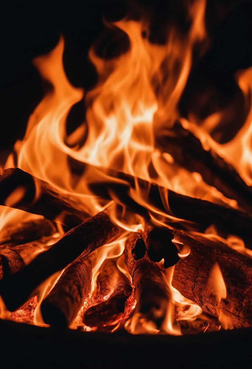 a close-up shot of the flames in a bonfire, emphasizing the vibrant colors, intricate patterns, and the mesmerizing dance of the fire