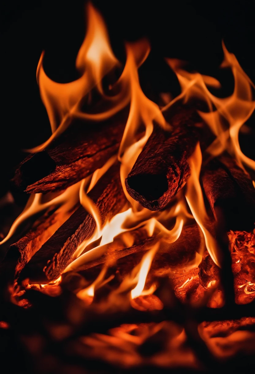 a close-up shot of the flames in a bonfire, emphasizing the vibrant colors, intricate patterns, and the mesmerizing dance of the fire
