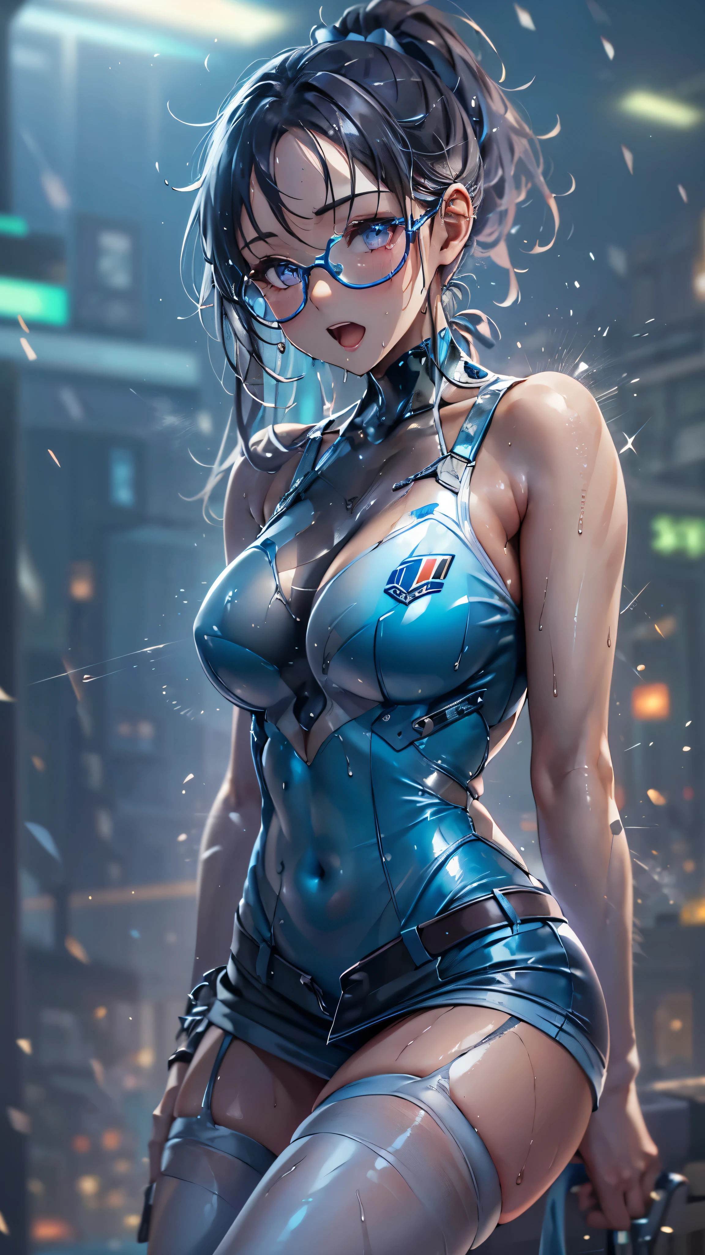 woman,14 years old,,city,night,(((white and blue tight miniskirt bodysuit))),(wet with sweat),open mouth smile((See-through))Glasses,((Beautiful long ponytail)),((baby girl body shape))