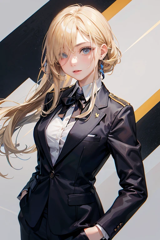 portrait of european girl,solo,20yo,beautiful face,uppser body,hair over one eye,medium sidecut, blonde hair, sharp focus,black business suit