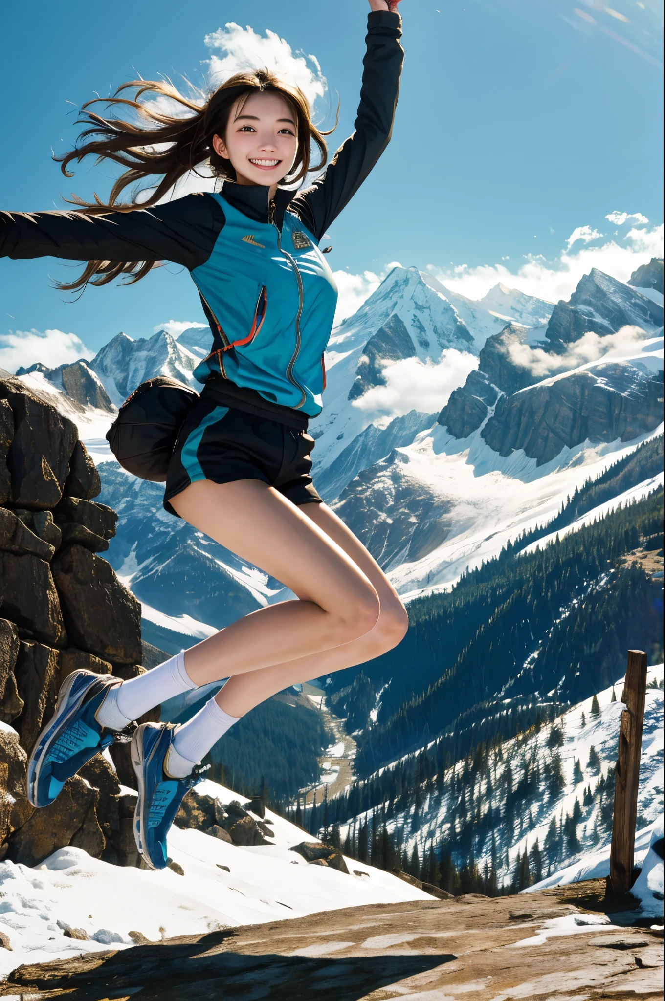 masterpiece,best quality,1girl,mountain,jump,smile,dynamic
