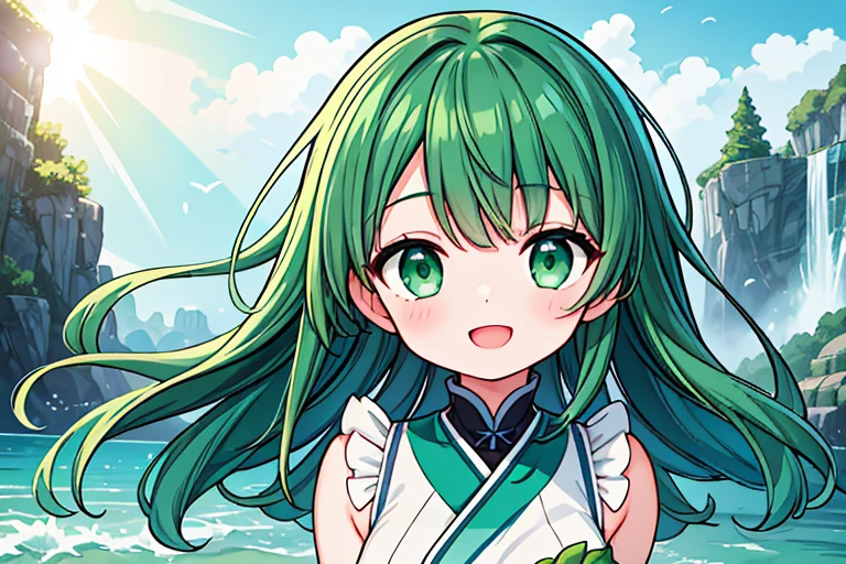 Close up of deep green smile with open mouth、(realistic、High resolution)、(1 girl)、Do-Up Eye、korean girl、(highest quality), (table top), (1 girl), alone, beautiful girl, perfect face, big breasts,dream-like、Highly detailed airbrush art((超realistic))、volume lighting、(highest quality)、The super detailed、(Composition of exercise:1.4)、Highly detailed colorful details、(bright lighting)、dynamic composition、ray tracing、The mirror reflects light、shallow depth of field、super detailed、mixing exposure、nffsw、Her eyes glow deep green、Staring at the deep green sea。Her dark green face is、Full of adventure anticipation and courage.、A smile appears on her deep green lips。 rear end、The sun is slowly tilting to the west。Its light brings deep green light to the surface of the sea、The swaying waves create a beautiful scene。Her eyes glow a distinctly deep green。a lot of dark green、