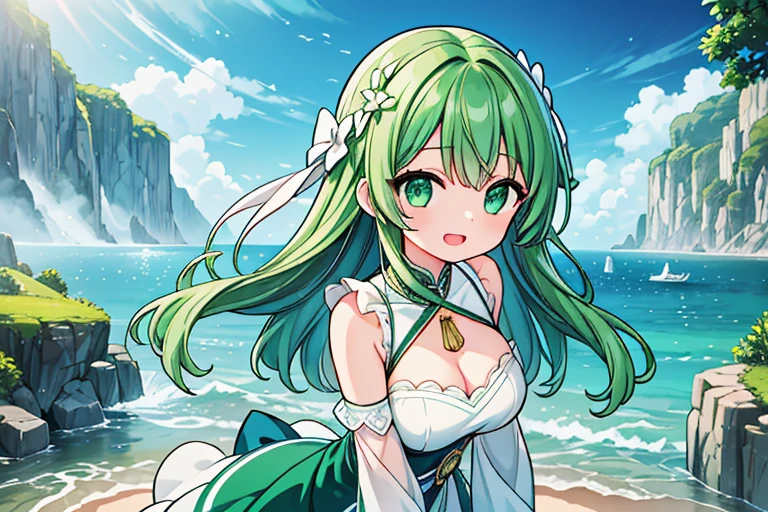 Close up of deep green smile with open mouth、(realistic、High resolution)、(1 girl)、Do-Up Eye、korean girl、(highest quality), (table top), (1 girl), alone, beautiful girl, perfect face, big breasts,dream-like、Highly detailed airbrush art((超realistic))、volume lighting、(highest quality)、The super detailed、(Composition of exercise:1.4)、Highly detailed colorful details、(bright lighting)、dynamic composition、ray tracing、The mirror reflects light、shallow depth of field、super detailed、mixing exposure、nffsw、Her eyes glow deep green、Staring at the deep green sea。Her dark green face is、Full of adventure anticipation and courage.、A smile appears on her deep green lips。 rear end、The sun is slowly tilting to the west。Its light brings deep green light to the surface of the sea、The swaying waves create a beautiful scene。Her eyes glow a distinctly deep green。a lot of dark green、