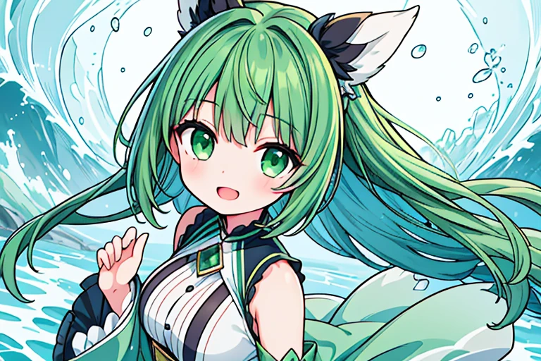 Close up of deep green smile with open mouth、(realistic、High resolution)、(1 girl)、Do-Up Eye、korean girl、(highest quality), (table top), (1 girl), alone, beautiful girl, perfect face, big breasts,dream-like、Highly detailed airbrush art((超realistic))、volume lighting、(highest quality)、The super detailed、(Composition of exercise:1.4)、Highly detailed colorful details、(bright lighting)、dynamic composition、ray tracing、The mirror reflects light、shallow depth of field、super detailed、mixing  exposure、nffsw、Her eyes glow deep green、Staring at the deep green sea。Her dark green face is、Full of adventure anticipation and courage.、A smile appears on her deep green lips。 rear end、The sun is slowly tilting to the west。Its light brings deep green light to the surface of the sea、The swaying waves create a beautiful scene。Her eyes glow a distinctly deep green。a lot of dark green、