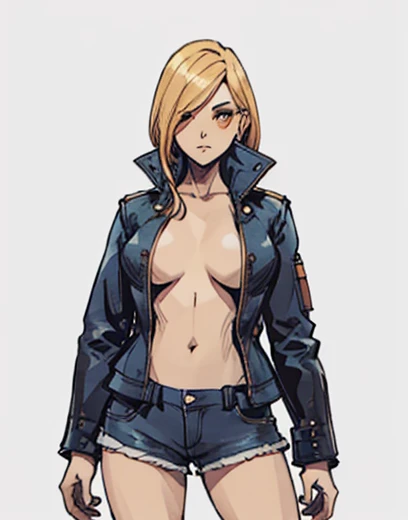 Mujer .rubia ojos azules.cabello rubio dorado , viste  shorts. Campera de cuero rockera. Torso desnudo. 