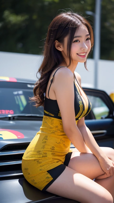 Highly detailed CG Unity 8K wallpaper, highest quality, Super detailed, masterpiece, realistic, photo realistic, Highly detailed cute girl, 25 years old, (whole bodyからつま先まで:1.4)、(whole body)、(whole body to toes)、(shot from the side)、(sitting on the hood of a car)、(lace queen)、
(Sponsored and wearing grid girl costume'logo is printed.:1.3), (shorts) , (sitting in a motorsport race), (cleavage), smile ,whole bodyショット ,(Side view)、(side shot)、(smile at the camera)、