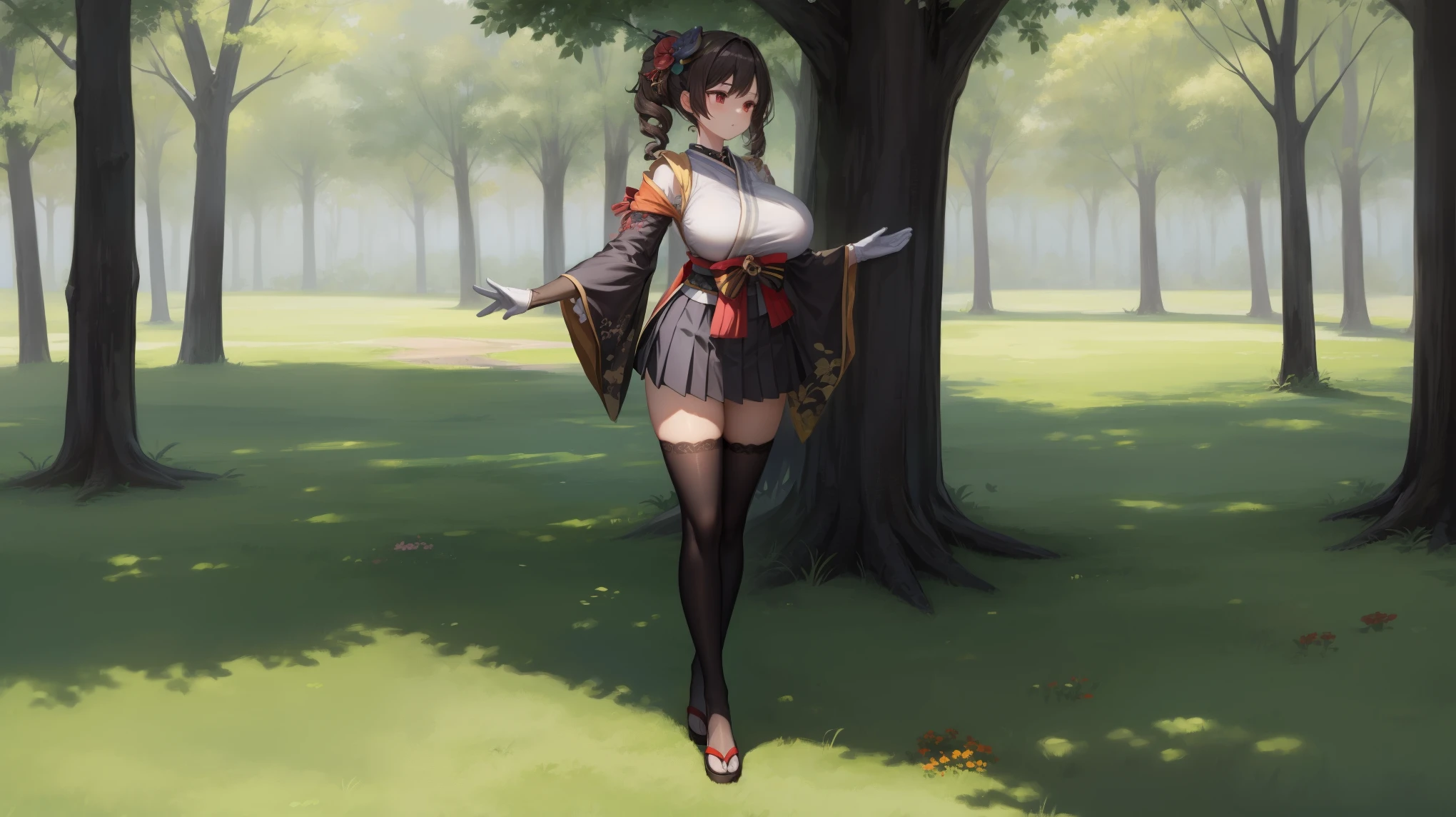 girl, solo, full body, from head to toe, standing, (Huge_Breasts:1.3),

Wide lawn with vibrant green grass, bathed in warm sunlight, picturesque landscape, minimalist composition,

chiori, 1girl, brown hair, drill hair, hair ornament, hair flower, flower, red eyes, elbow gloves, short sleeves, wide sleeves, japanese clothes, kimono, pleated skirt,dress, black thighhighs,

this character is standing in kimono