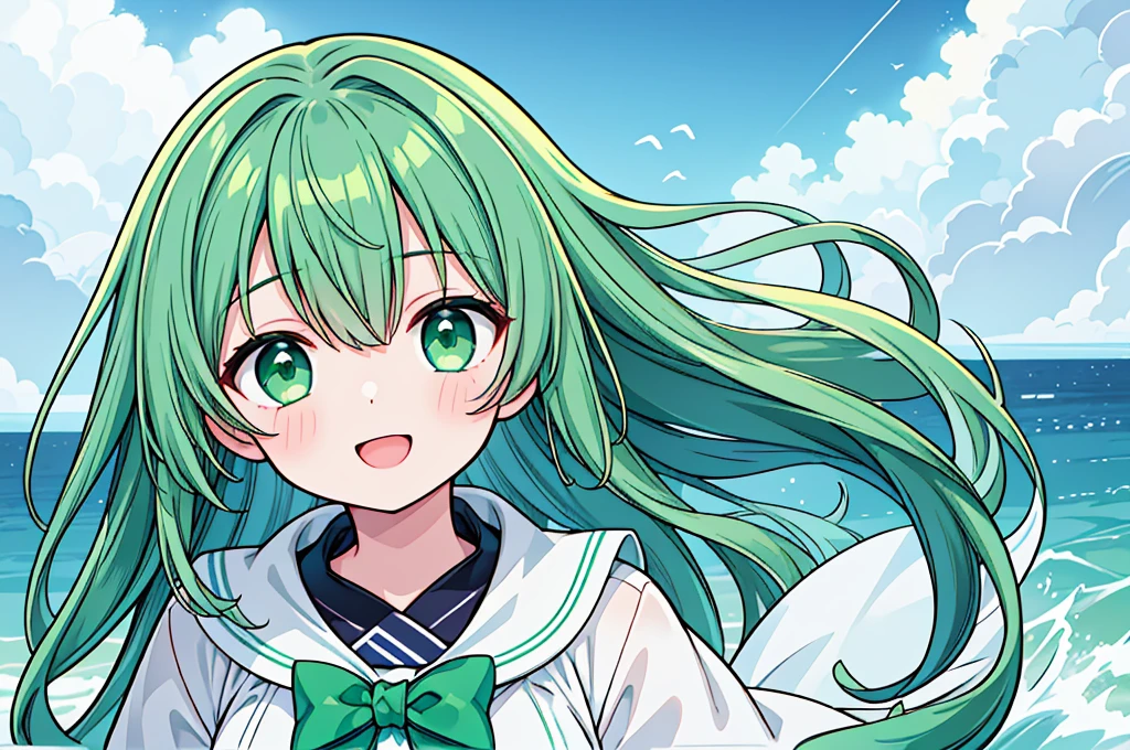 Close up of deep green smile with open mouth、(realistic、High resolution)、(1 girl)、Do-Up Eye、korean girl、(highest quality), (table top), (1 girl), alone, beautiful girl, perfect face, big breasts,dream-like、Highly detailed airbrush art((超realistic))、volume lighting、(highest quality)、The super detailed、(Composition of exercise:1.4)、Highly detailed colorful details、(bright lighting)、dynamic composition、ray tracing、The mirror reflects light、shallow depth of field、super detailed、mixing exposure、nffsw、Her eyes glow deep green、Staring at the deep green sea。Her dark green face is、Full of adventure anticipation and courage.、A smile appears on her deep green lips。 rear end、The sun is slowly tilting to the west。Its light brings deep green light to the surface of the sea、The swaying waves create a beautiful scene。Her eyes glow a distinctly deep green。a lot of dark green、