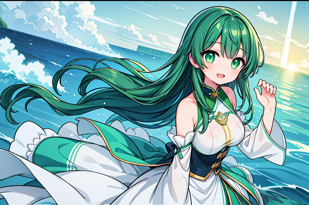 Close up of deep green smile with open mouth、(realistic、High resolution)、(1 girl)、Do-Up Eye、korean girl、(highest quality), (table top), (1 girl), alone, beautiful girl, perfect face, big breasts,dream-like、Highly detailed airbrush art((超realistic))、volume lighting、(highest quality)、The super detailed、(Composition of exercise:1.4)、Highly detailed colorful details、(bright lighting)、dynamic composition、ray tracing、The mirror reflects light、shallow depth of field、super detailed、mixing  exposure、nffsw、Her eyes glow deep green、Staring at the deep green sea。Her dark green face is、Full of adventure anticipation and courage.、A smile appears on her deep green lips。 rear end、The sun is slowly tilting to the west。Its light brings deep green light to the surface of the sea、The swaying waves create a beautiful scene。Her eyes glow a distinctly deep green。a lot of dark green、