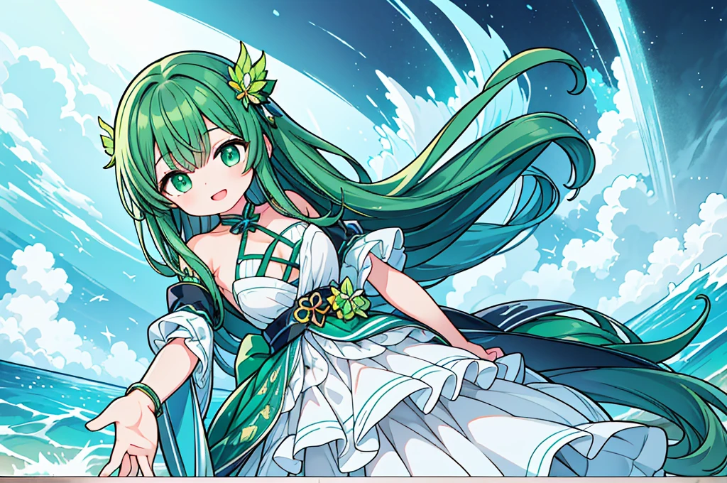 Close up of deep green smile with open mouth、(realistic、High resolution)、(1 girl)、Do-Up Eye、korean girl、(highest quality), (table top), (1 girl), alone, beautiful girl, perfect face, big breasts,dream-like、Highly detailed airbrush art((超realistic))、volume lighting、(highest quality)、The super detailed、(Composition of exercise:1.4)、Highly detailed colorful details、(bright lighting)、dynamic composition、ray tracing、The mirror reflects light、shallow depth of field、super detailed、mixing exposure、nffsw、Her eyes glow deep green、Staring at the deep green sea。Her dark green face is、Full of adventure anticipation and courage.、A smile appears on her deep green lips。 rear end、The sun is slowly tilting to the west。Its light brings deep green light to the surface of the sea、The swaying waves create a beautiful scene。Her eyes glow a distinctly deep green。a lot of dark green、
