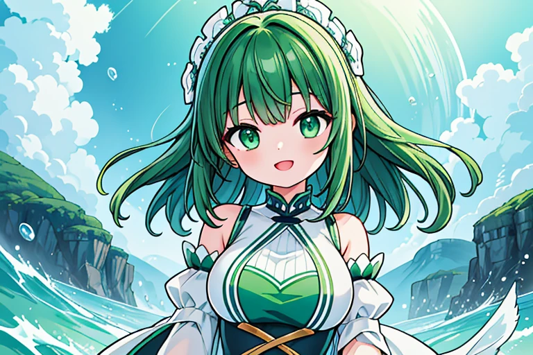 Close up of deep green smile with open mouth、(realistic、High resolution)、(1 girl)、Do-Up Eye、korean girl、(highest quality), (table top), (1 girl), alone, beautiful girl, perfect face, big breasts,dream-like、Highly detailed airbrush art((超realistic))、volume lighting、(highest quality)、The super detailed、(Composition of exercise:1.4)、Highly detailed colorful details、(bright lighting)、dynamic composition、ray tracing、The mirror reflects light、shallow depth of field、super detailed、mixing  exposure、nffsw、Her eyes glow deep green、Staring at the deep green sea。Her dark green face is、Full of adventure anticipation and courage.、A smile appears on her deep green lips。 rear end、The sun is slowly tilting to the west。Its light brings deep green light to the surface of the sea、The swaying waves create a beautiful scene。Her eyes glow a distinctly deep green。a lot of dark green、
