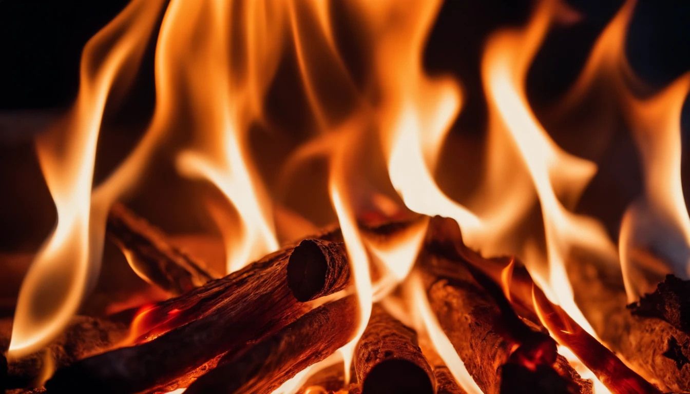 a close-up shot of the flames in a bonfire, emphasizing the vibrant colors, intricate patterns, and the mesmerizing dance of the fire