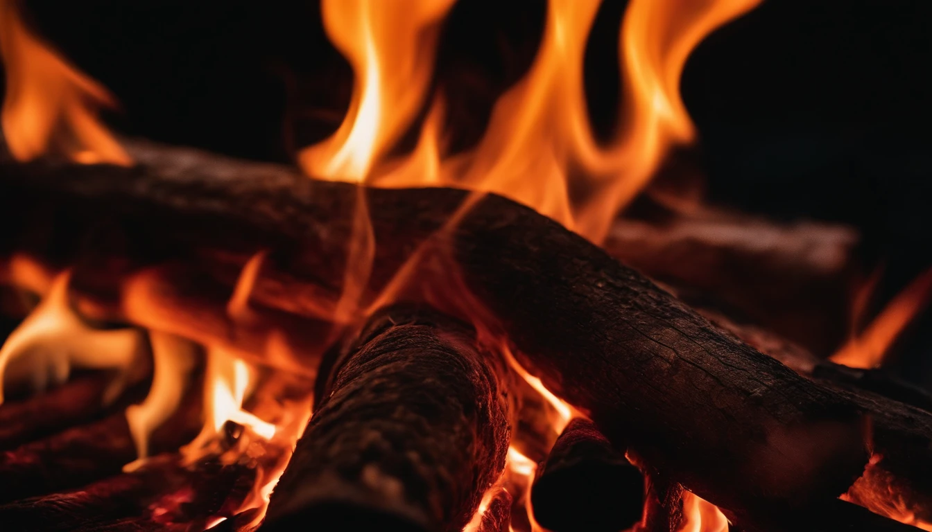 a close-up shot of the flames in a bonfire, emphasizing the vibrant colors, intricate patterns, and the mesmerizing dance of the fire