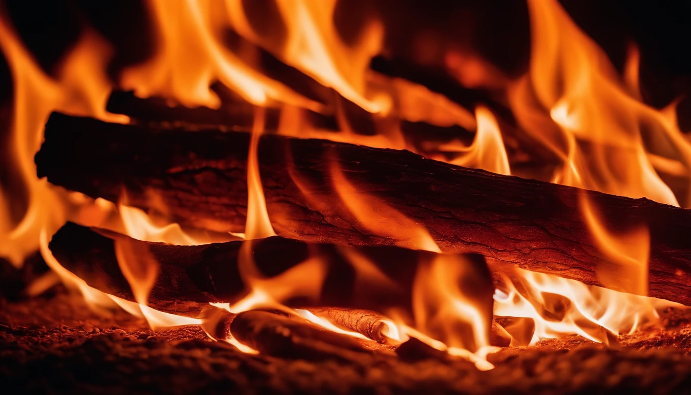 a close-up shot of the flames in a bonfire, emphasizing the vibrant colors, intricate patterns, and the mesmerizing dance of the fire