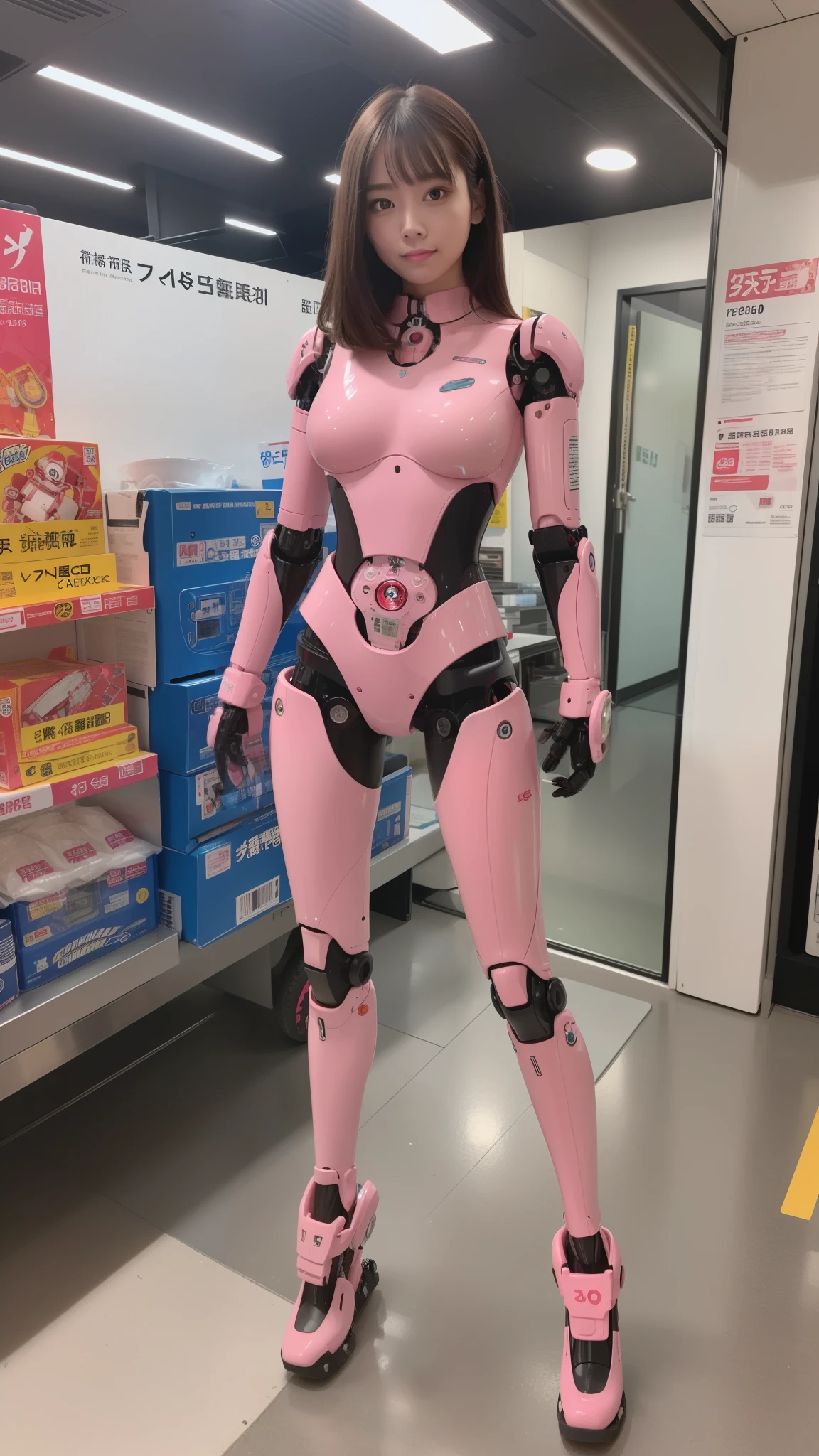 masterpiece, best quality, extremely detailed, (8K, 4K, Best Quality, Hight resolution, 超A high resolution:1.1), 8K portrait,1girl in, Japanese android girl, android teacher, control panels, android, Droid, Mechanical Hand, ,Robot arms and legs, Black hair, Mechanical body, Blunt bangs, Pink Robotics Parts, perfect robot woman, Charging spot, Long Tube, A thick cable was connected to her neck, ceramic body , android, robot humanoid, panty, full eyes, perfect mechanical body, pink robotics body, future assembly plant, Pink body, She has repaired, lack sponge joints, android assembly plant, android, laboratory, platform boots, perfect machine body, pink robot body