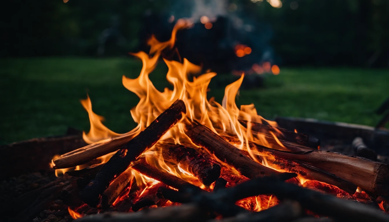 a close-up shot of the flames in a bonfire, emphasizing the vibrant colors, intricate patterns, and the mesmerizing dance of the fire