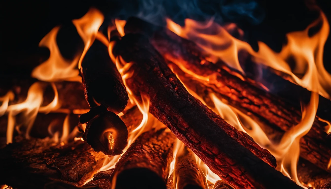 a close-up shot of the flames in a bonfire, emphasizing the vibrant colors, intricate patterns, and the mesmerizing dance of the fire