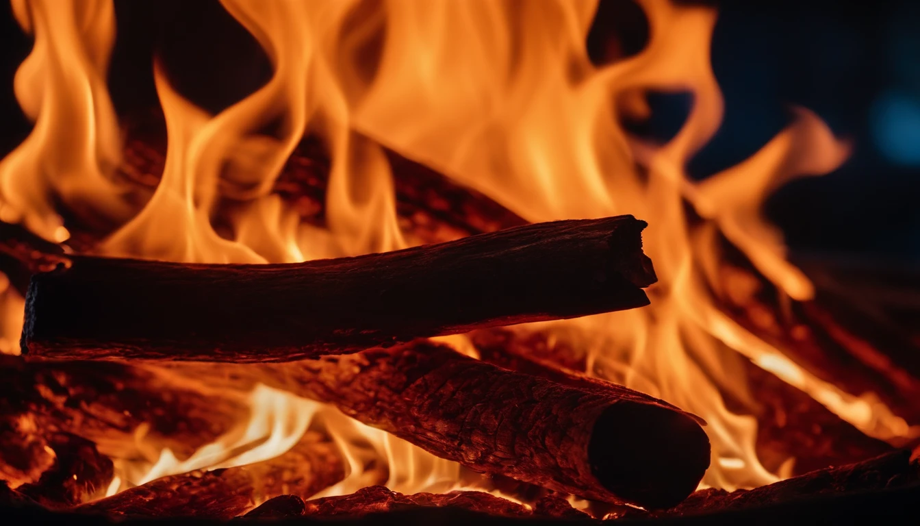 a close-up shot of the flames in a bonfire, emphasizing the vibrant colors, intricate patterns, and the mesmerizing dance of the fire