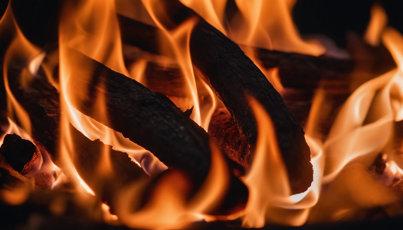 a close-up shot of the flames in a bonfire, emphasizing the vibrant colors, intricate patterns, and the mesmerizing dance of the fire