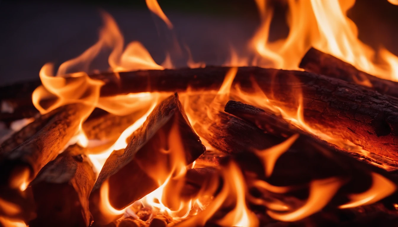 a close-up shot of the flames in a bonfire, emphasizing the vibrant colors, intricate patterns, and the mesmerizing dance of the fire