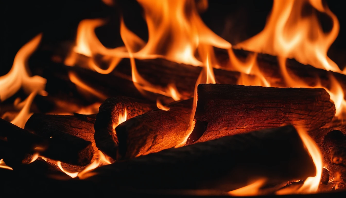 a close-up shot of the flames in a bonfire, emphasizing the vibrant colors, intricate patterns, and the mesmerizing dance of the fire
