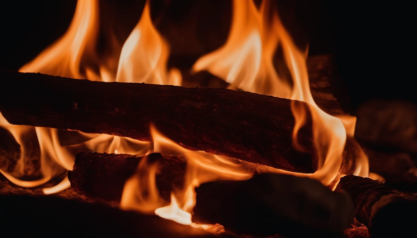 a close-up shot of the flames in a bonfire, emphasizing the vibrant colors, intricate patterns, and the mesmerizing dance of the fire