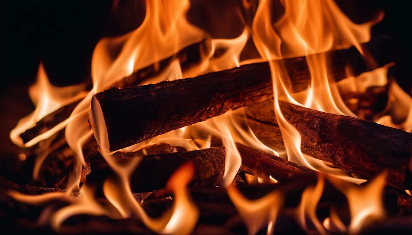 a close-up shot of the flames in a bonfire, emphasizing the vibrant colors, intricate patterns, and the mesmerizing dance of the fire