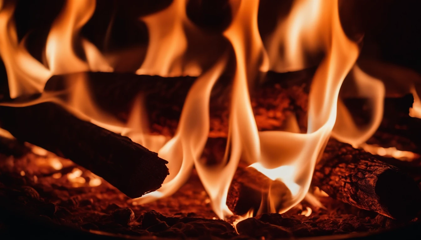 a close-up shot of the flames in a bonfire, emphasizing the vibrant colors, intricate patterns, and the mesmerizing dance of the fire
