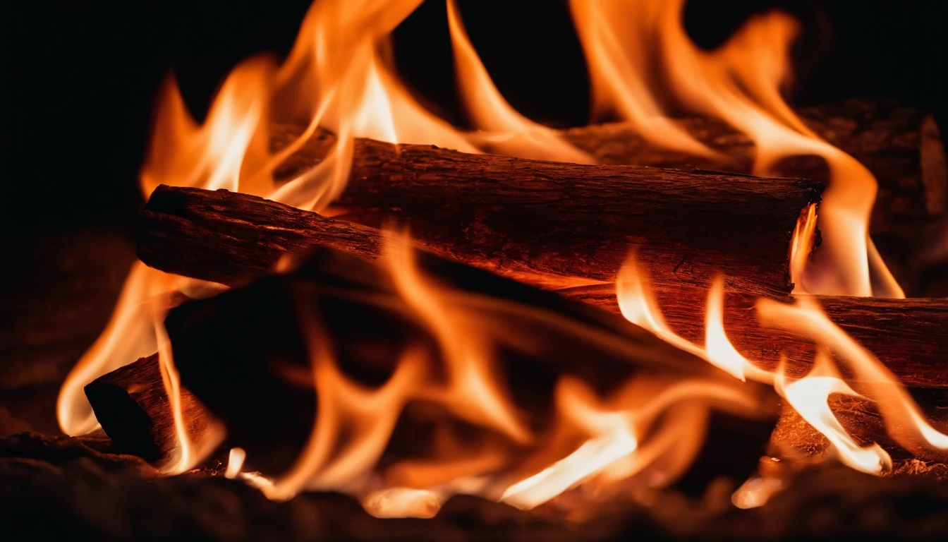 a close-up shot of the flames in a bonfire, emphasizing the vibrant colors, intricate patterns, and the mesmerizing dance of the fire