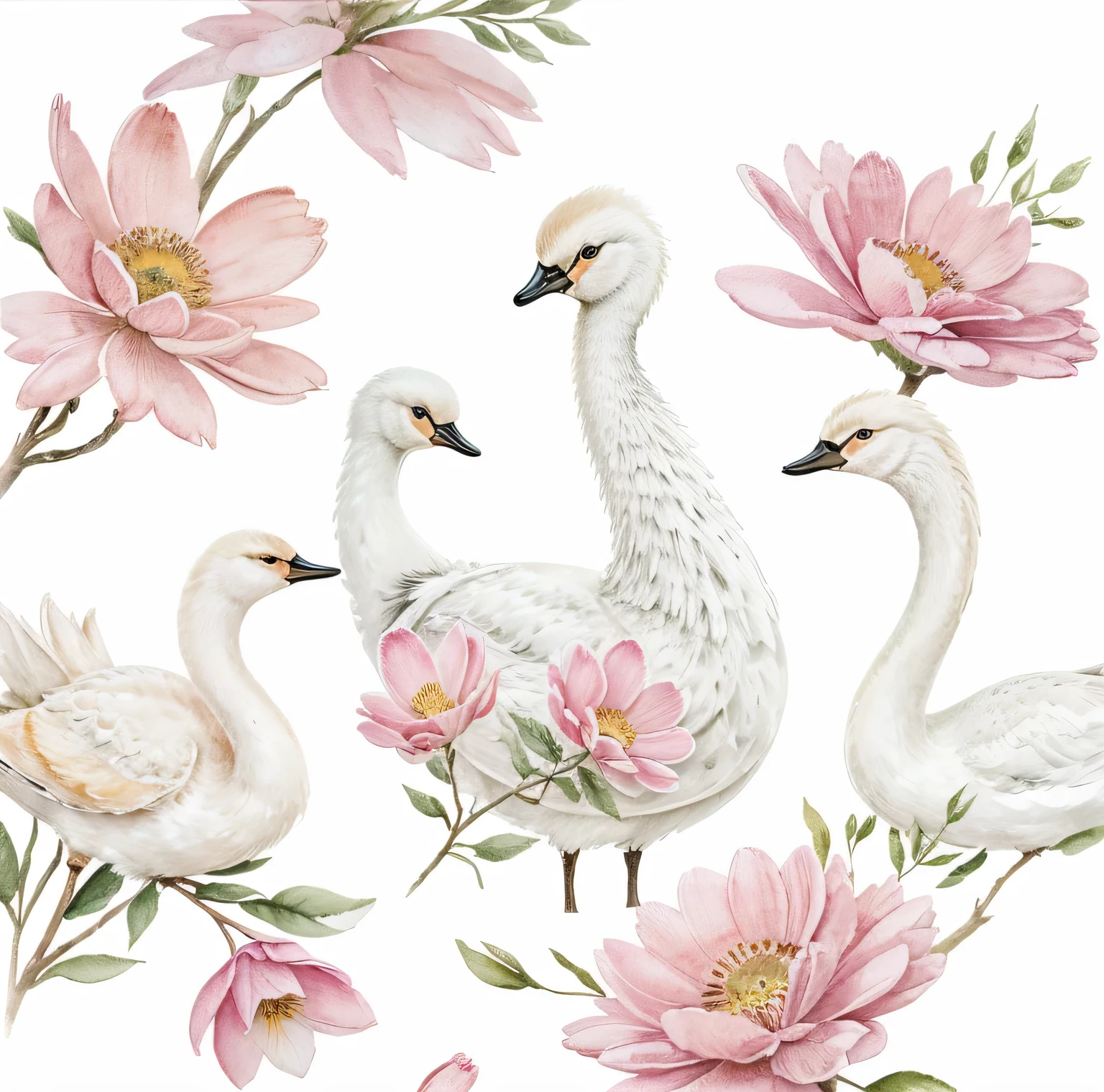 estilo de desenho em aquarela delicado com cisne branco deitado em flores