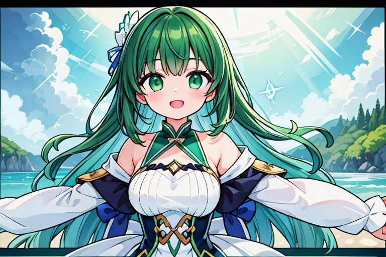 Close up of deep green smile with open mouth、(realistic、High resolution)、(1 girl)、Do-Up Eye、korean girl、(highest quality), (table top), (1 girl), alone, beautiful girl, perfect face, big breasts,dream-like、Highly detailed airbrush art((超realistic))、volume lighting、(highest quality)、The super detailed、(Composition of exercise:1.4)、Highly detailed colorful details、(bright lighting)、dynamic composition、ray tracing、The mirror reflects light、shallow depth of field、super detailed、mixing exposure、nffsw、Her eyes glow deep green、Staring at the deep green sea。Her dark green face is、Full of adventure anticipation and courage.、A smile appears on her deep green lips。 rear end、The sun is slowly tilting to the west。Its light brings deep green light to the surface of the sea、The swaying waves create a beautiful scene。Her eyes glow a distinctly deep green。a lot of dark green、