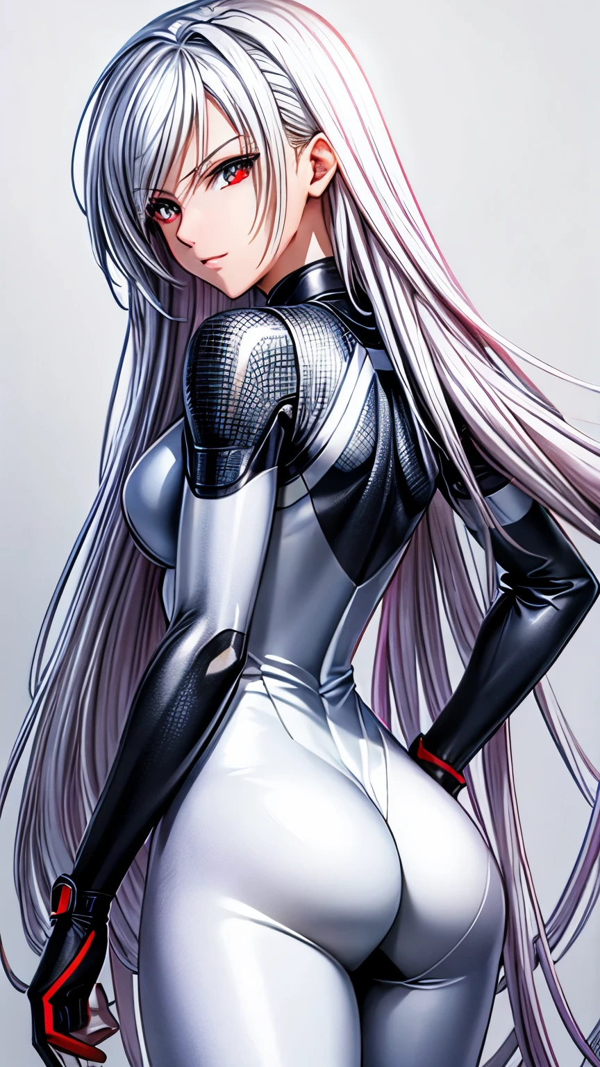 (masterpiece, best quality, ultra-detailed, highres, illustration:0.8), extremely detailed wallpaper, official art, amazing, high detail, ultra-detailed, extremely detailed 8k wallpaper,closed full body, bright silver hair, red eyes with slit pupils, (white background: 1.3), (1girl, solo),(bodysuit),sexy,perfect anatomy,beautiful face, back figure, looking back, 