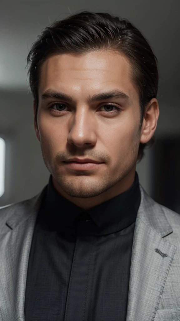 (best quality,highres,ultra-detailed,realistic:1.37), (portrait,man,attractive,handsome) with (sharp focus,vivid colors) and intense (studio lighting:1.2). The (detailed eyes,perfectly shaped nose,well-defined jawline) exhibit a (charming, piercing) gaze. His (sculpted cheekbones,beard stubble) add to his rugged yet refined appearance. The (smooth complexion,wrinkle-free skin) reflects light, enhancing the overall realism. The (styled,well-groomed hair) complements his (stylish, tailored suit). The background features a (subtle,neutral) color palette, creating a sophisticated atmosphere.