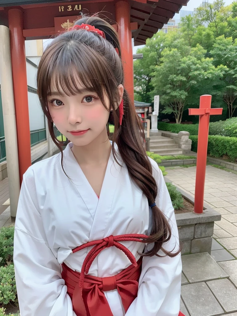 highest quality、8K、ultra high resolution、Super detailed face and eyes、Highly detailed face and skin texture、glowing skin、shiny skin、master piece:1.3、1 girl、A beautiful woman with slim abs as an accent、super detail face、delicate eyes、double eyelid、full shot、ponytail、短めponytail、20-year-old、brown hair、A sloppy smile、An embarrassed face、shrine maiden、shrine maiden服、shrine、white clothes、red hakama、torii